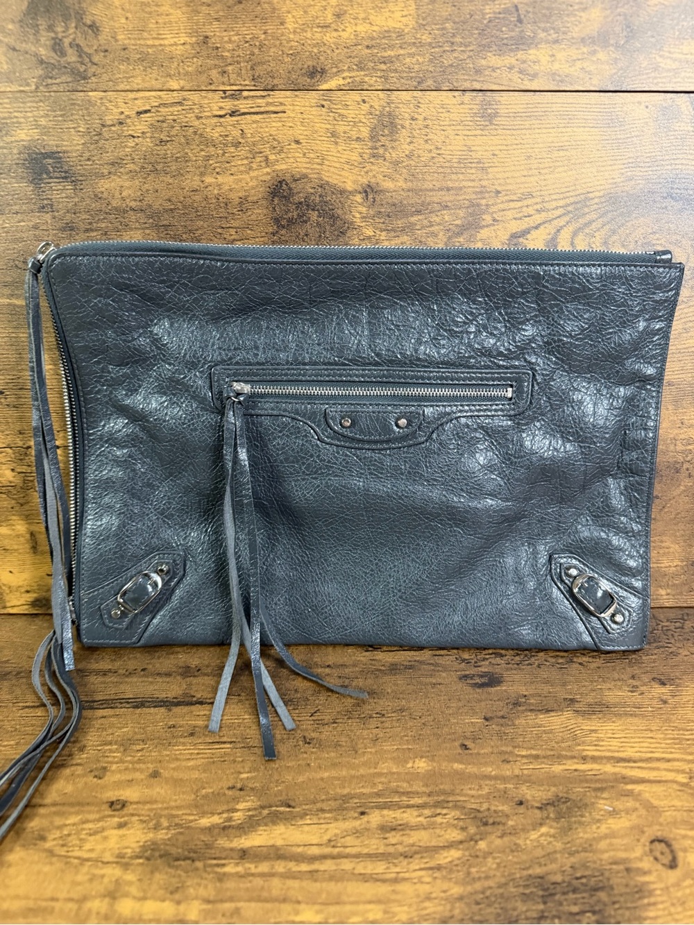 Grey Leather Authentic Balenciaga City Clutch with Tassel